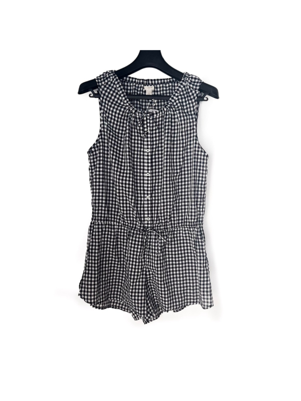 NWT J Crew Sleeveless Scoop Neck Gingham Cotton Romper Navy Sz L Cottagecore